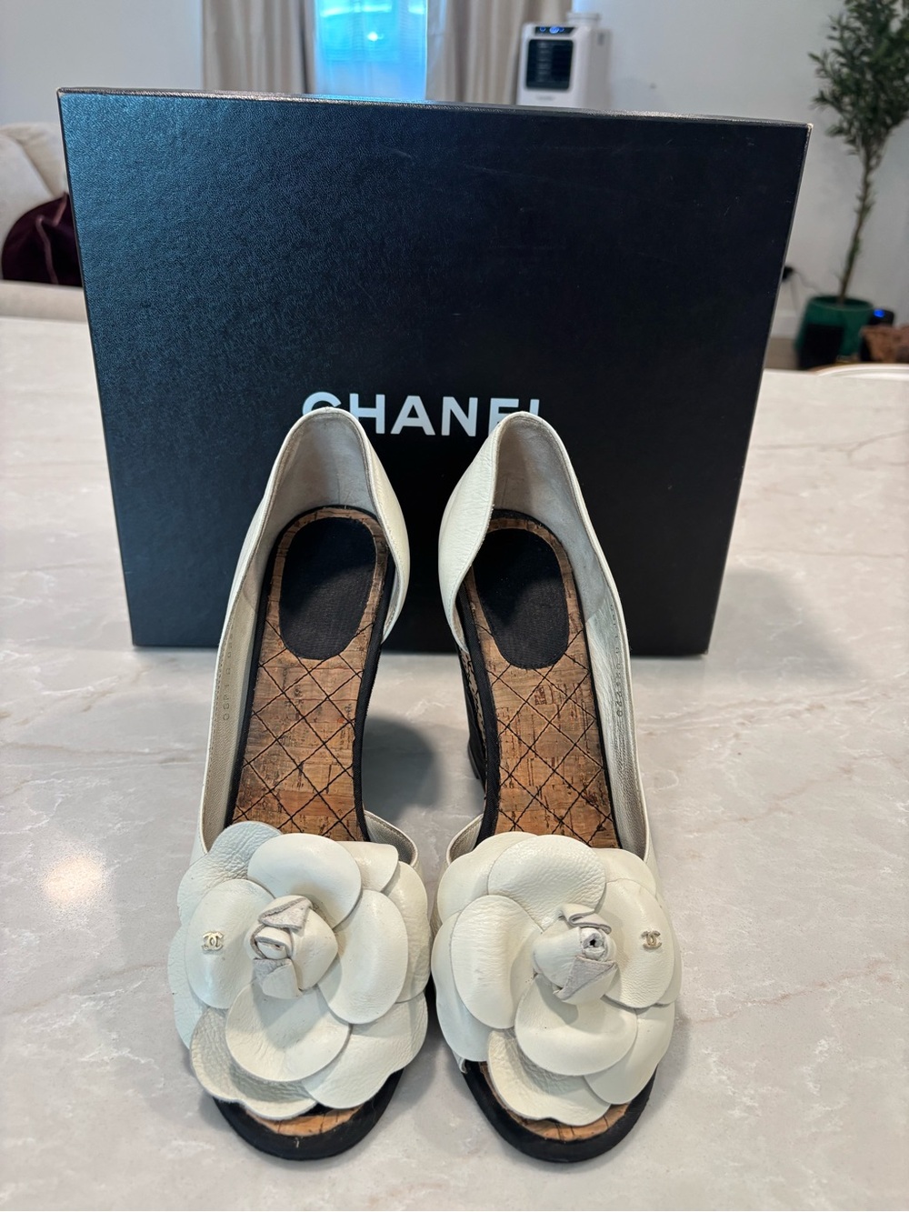 CHANEL Ivory Leather Camellia Peep-Toe Heels - Picture 5 of 5